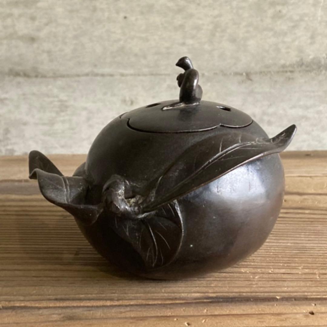 古い味のある香炉 銅製 柿 カタツムリ 小物入れ 置物 和風 工芸品 レトロ