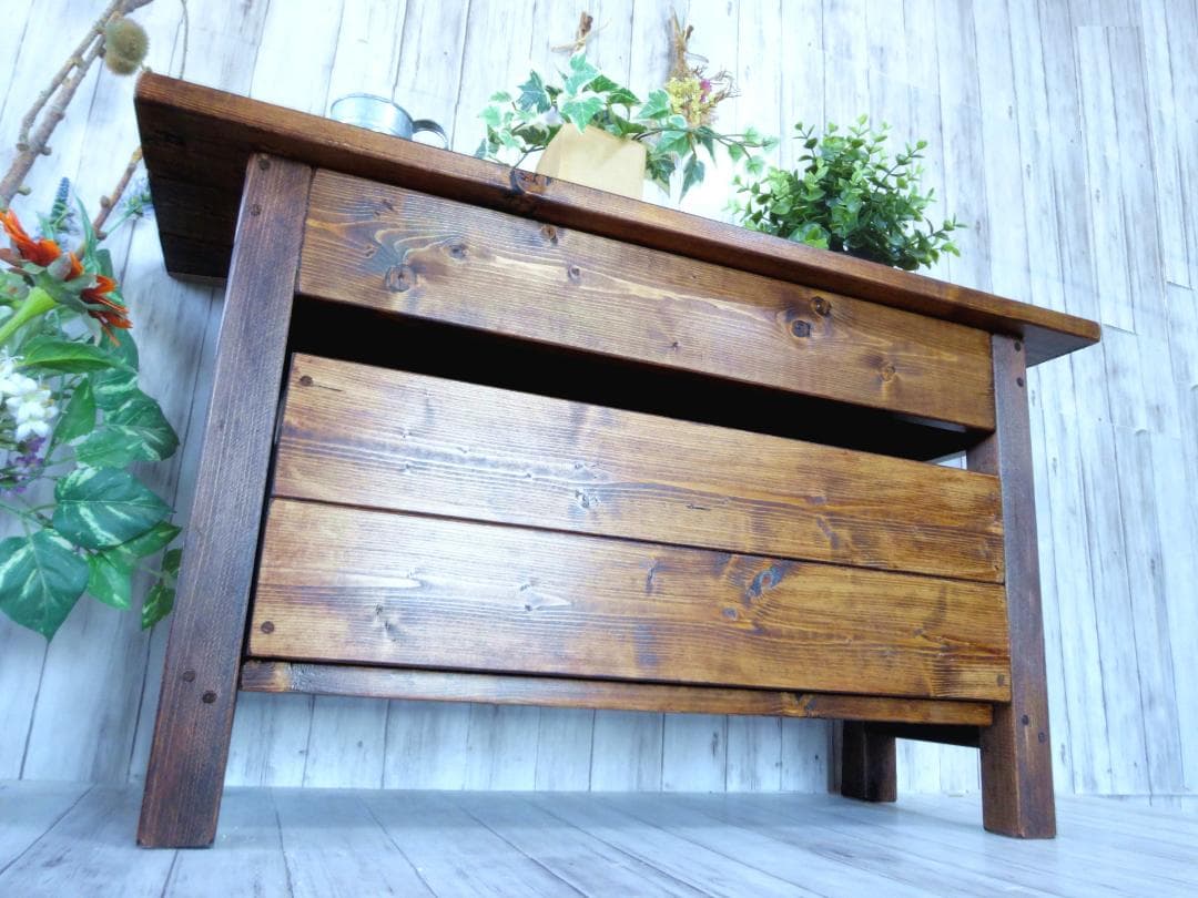 ハンドメイド ショートベンチ 収納ボックス (ダークチーク色)