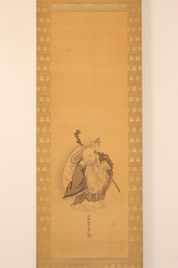 No5501掛軸　在名　探信筆 三幅　水墨　山水画　布袋図　紙本　合箱　送料無料