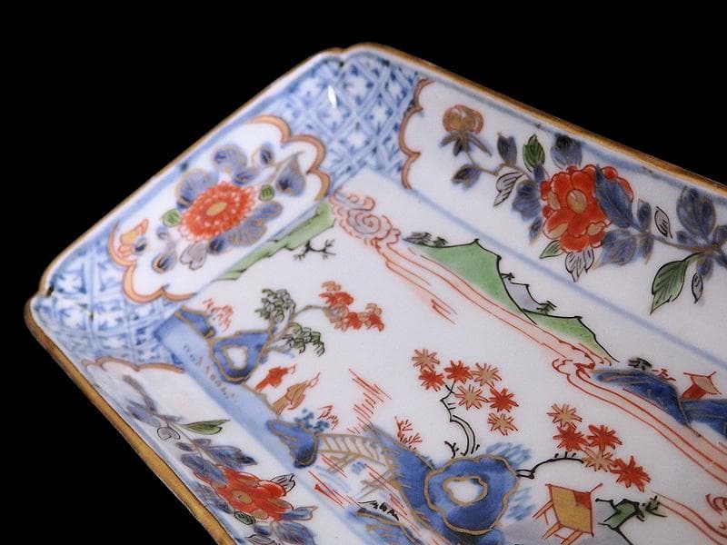 古伊万里　染錦　山水牡丹菊紋　長皿　柴田コレクション同手　E406AS-DBs