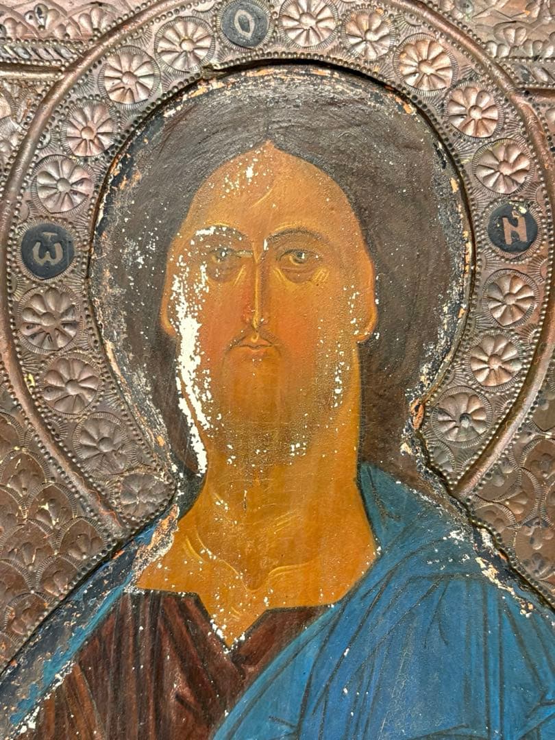 アンティーク宗教画　イコン　全能者ハリストス　パントクラトール　骨董品