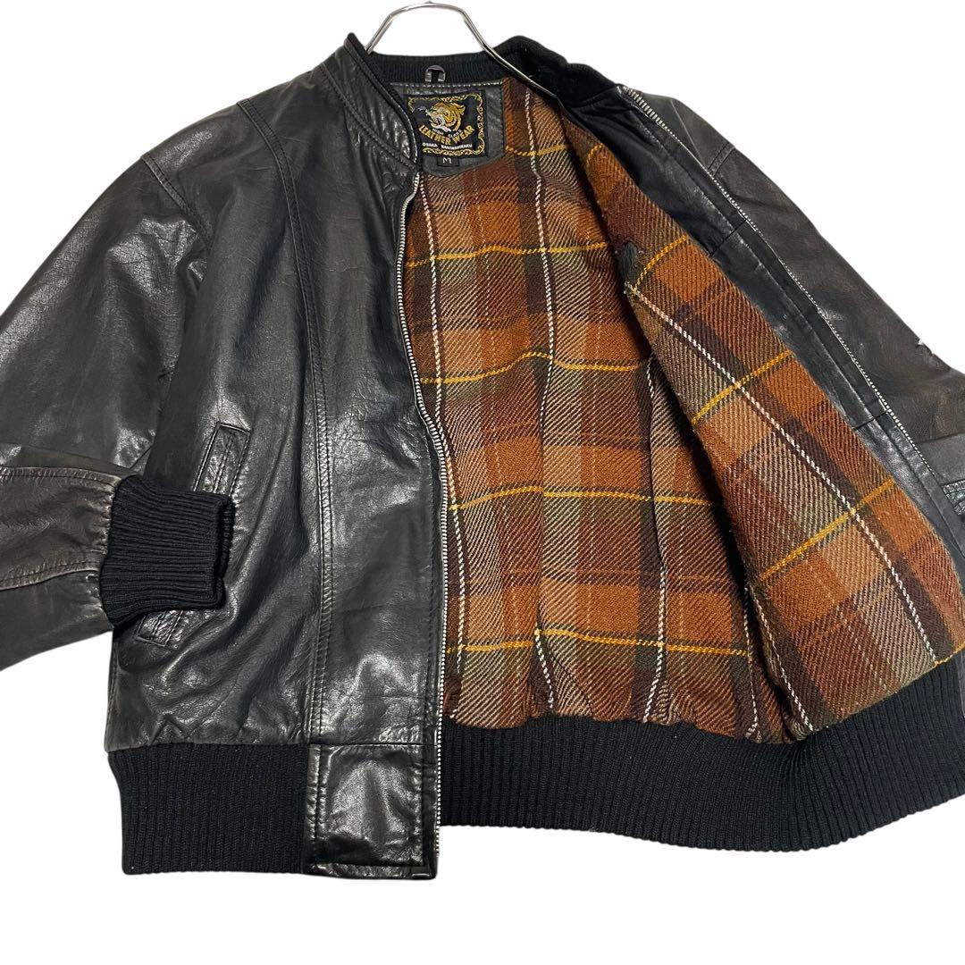 【vintage】本革 リアルレザーシングルライダースジャケット リブ切替 黒M