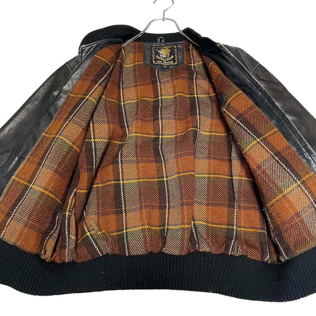 【vintage】本革 リアルレザーシングルライダースジャケット リブ切替 黒M