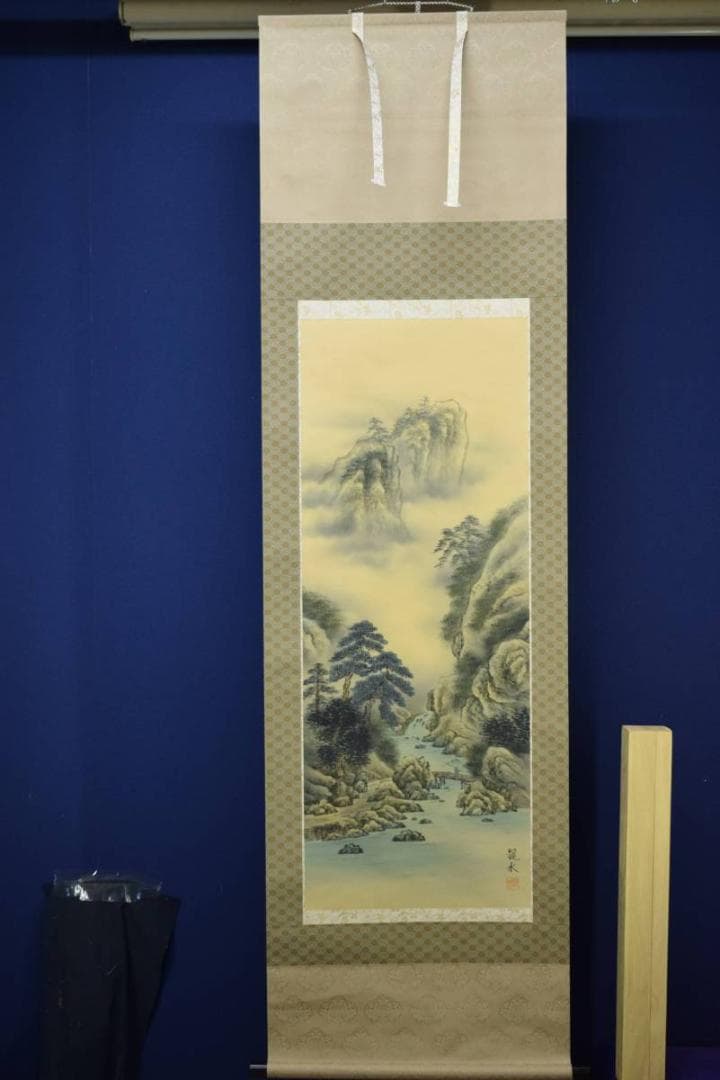 真作/観水/彩色山水人物図/布袋屋掛軸HD-707
