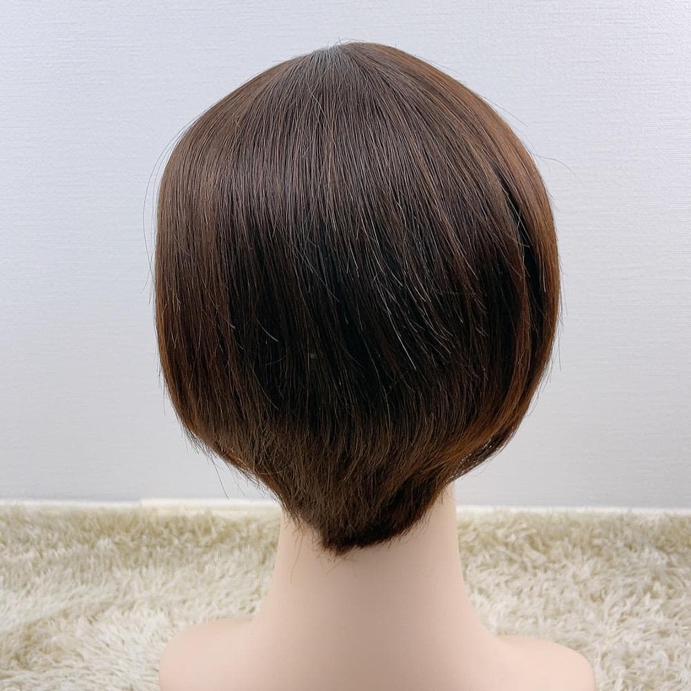 人毛100%フルウィッグ 医療用 ショートヘア ストレート 茶髪 ダークブラウン