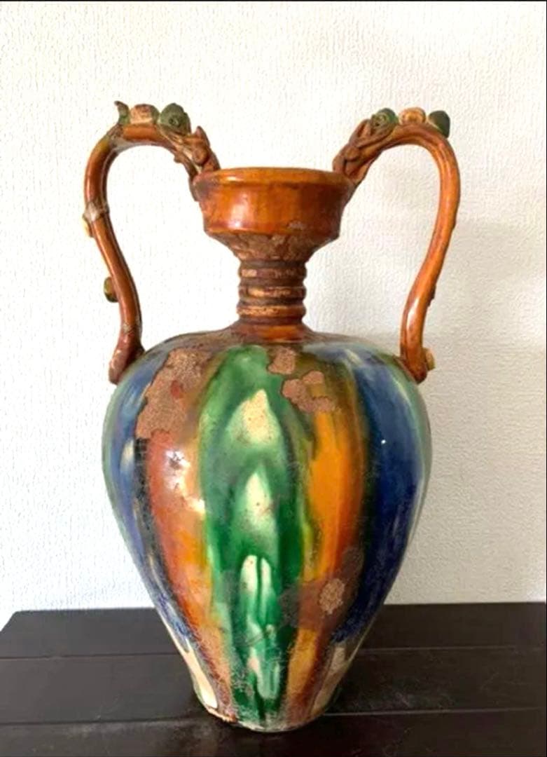 中国古美術 唐時代 贵妃双龍頭三彩瓶 時代物 Y04三彩双龍耳花