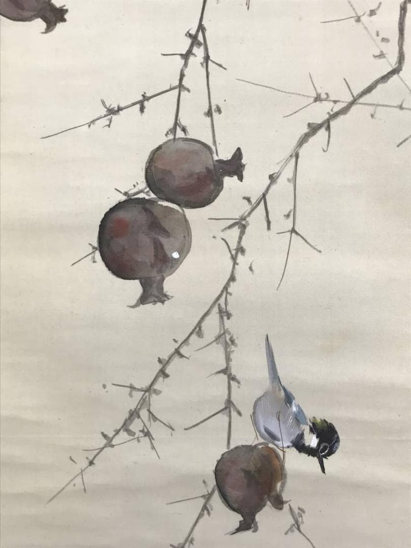 【真作】東原方僊/ザクロ小禽図/柘榴図/花鳥図/掛軸/名家伝来/AD-359