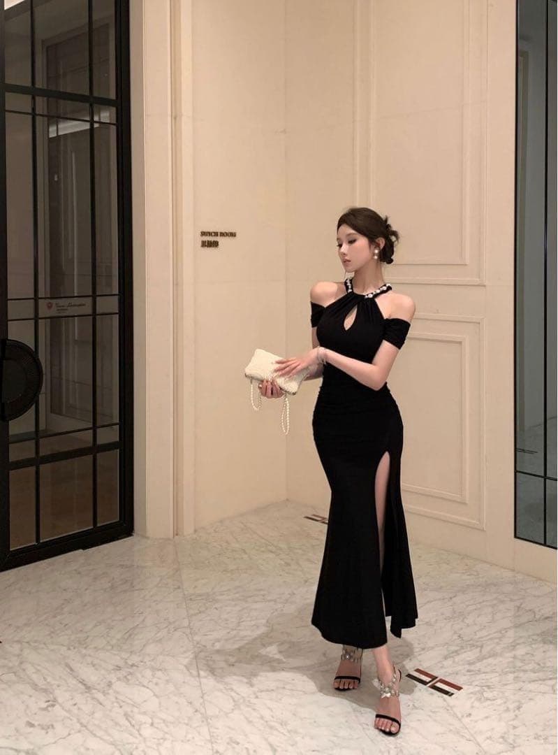 韓国 服 レディース ワンピース 黒 パーティードレス ロング 人気 スリット