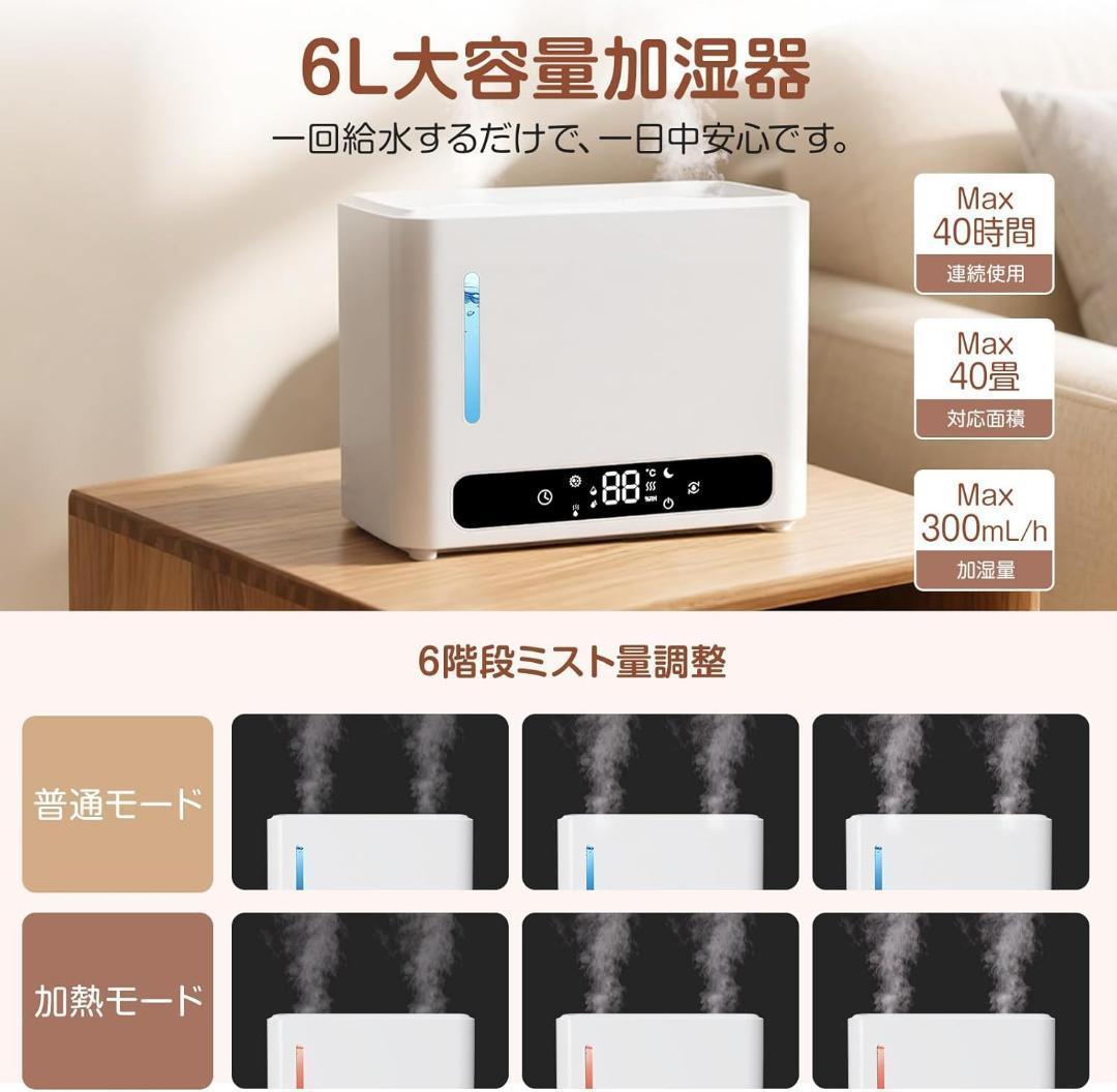 早い者勝ち❣️ 加湿器 大容量 6L ダブル吹出口 加熱式 パワフル加湿