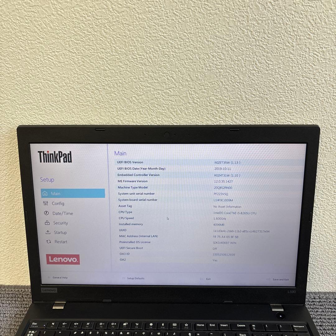 lenovo thinkpad L590 i5-8265Uメモリ4GB