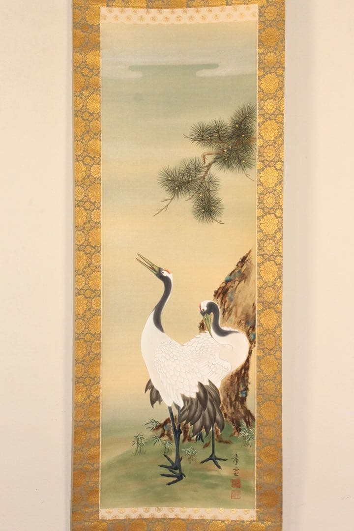 No5313 掛軸　双幅　銘有　国井孝雪　鶴亀之図　絹本　共箱　縁起物　送料無料