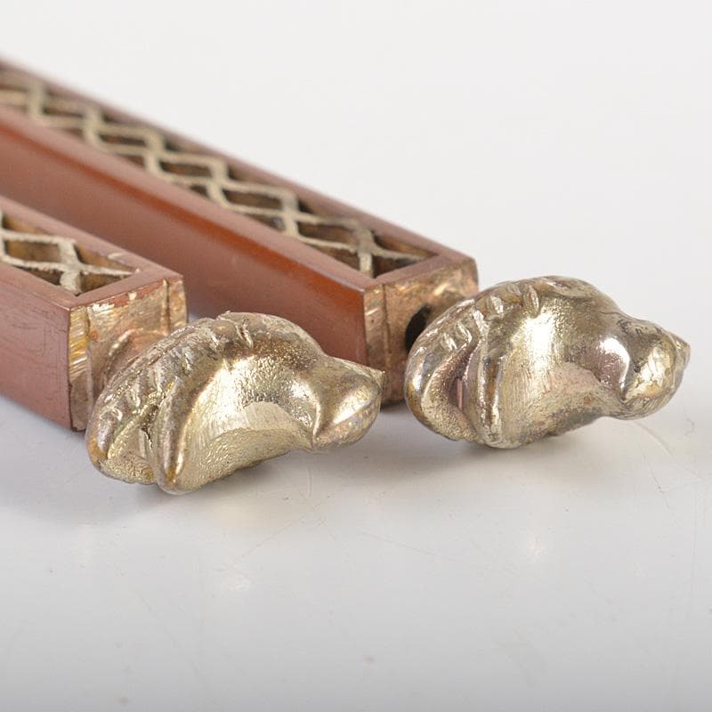 茶道具　梅龍軒作　銅製　鳥頭角透かし　象嵌　火箸　共箱　C　6641