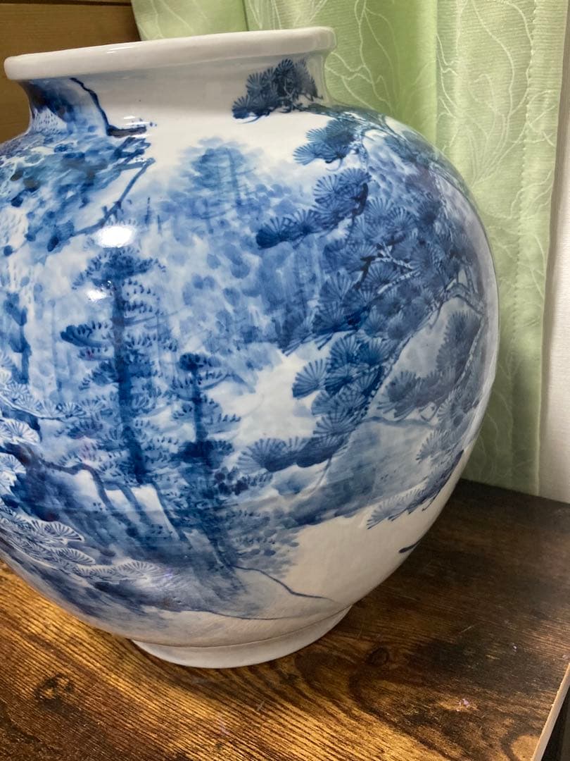 加藤芳州 染付山水大壺共箱共布 無形文化財保持者 楼閣山水文人画 骨董古美術