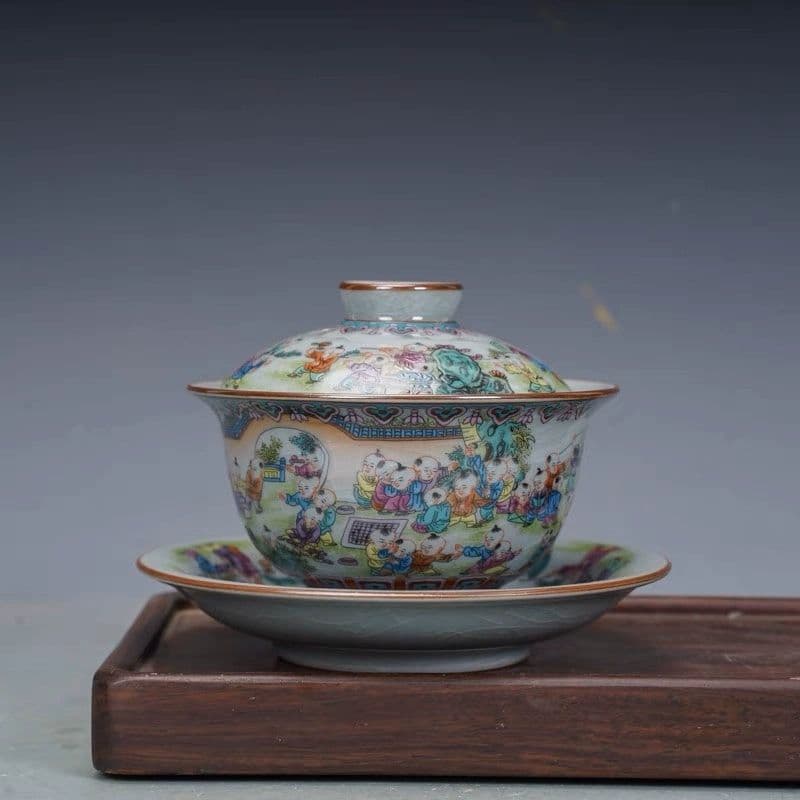 景徳鎮 陶磁器 百子図三才蓋碗 茶碗 茶道具 煎茶器 新品未使用