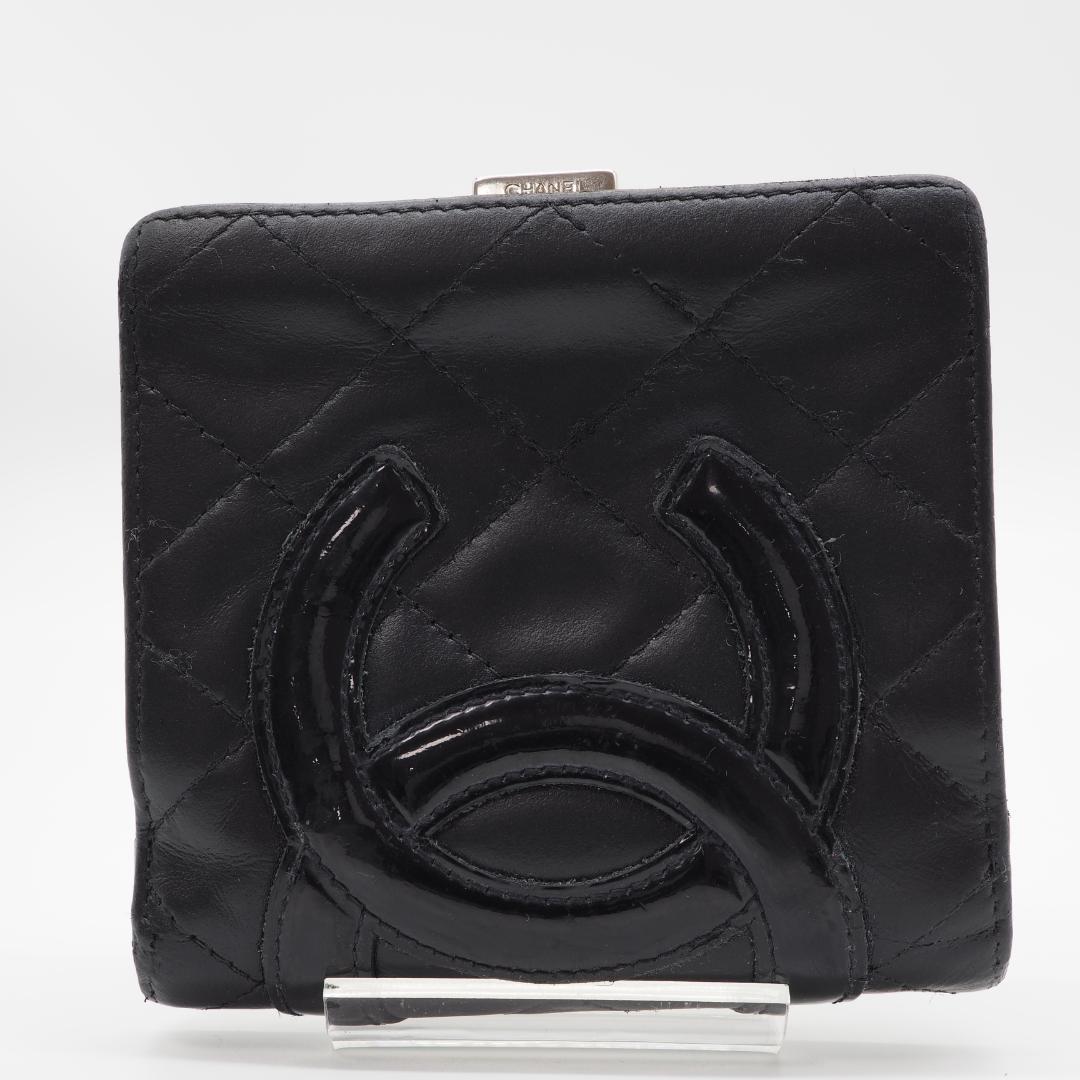 CHANEL シャネル カンボンライン コンパクト 二つ折り財布 黒×ピンク