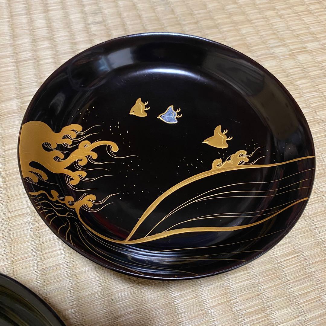 ◆時代 輪島塗 波千鳥 蒔絵 螺鈿細工 16cm皿 五客 銘々皿 菓子器