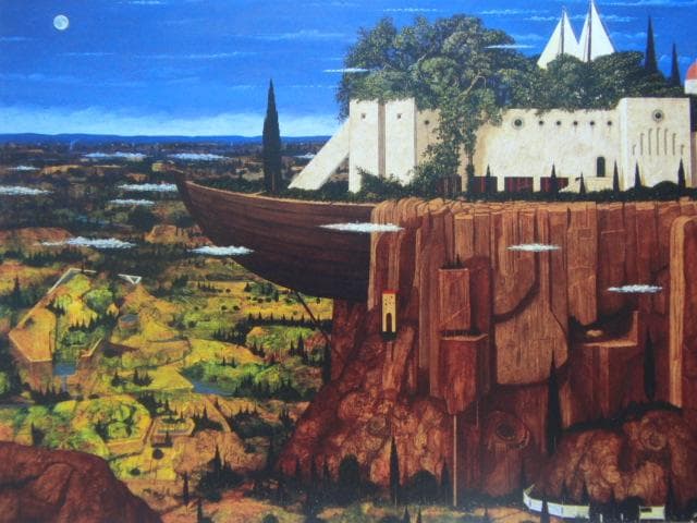 生駒康充、【月光浴　丘の上の船】、希少な画集画、新品高級額