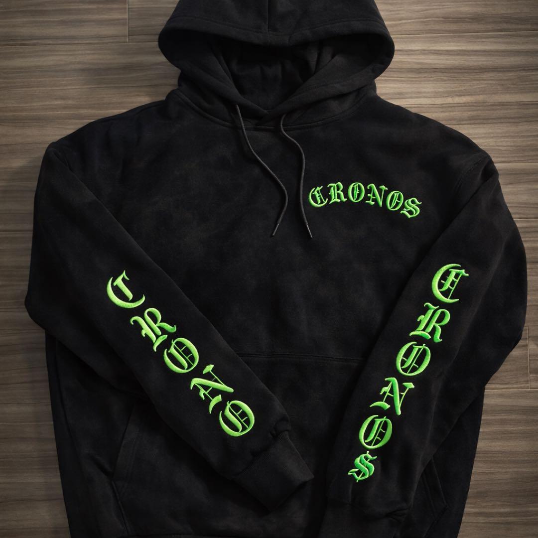 CRONOS クロノス スウェードパーカー L 黒×ネオングリーン 刺繍　限定