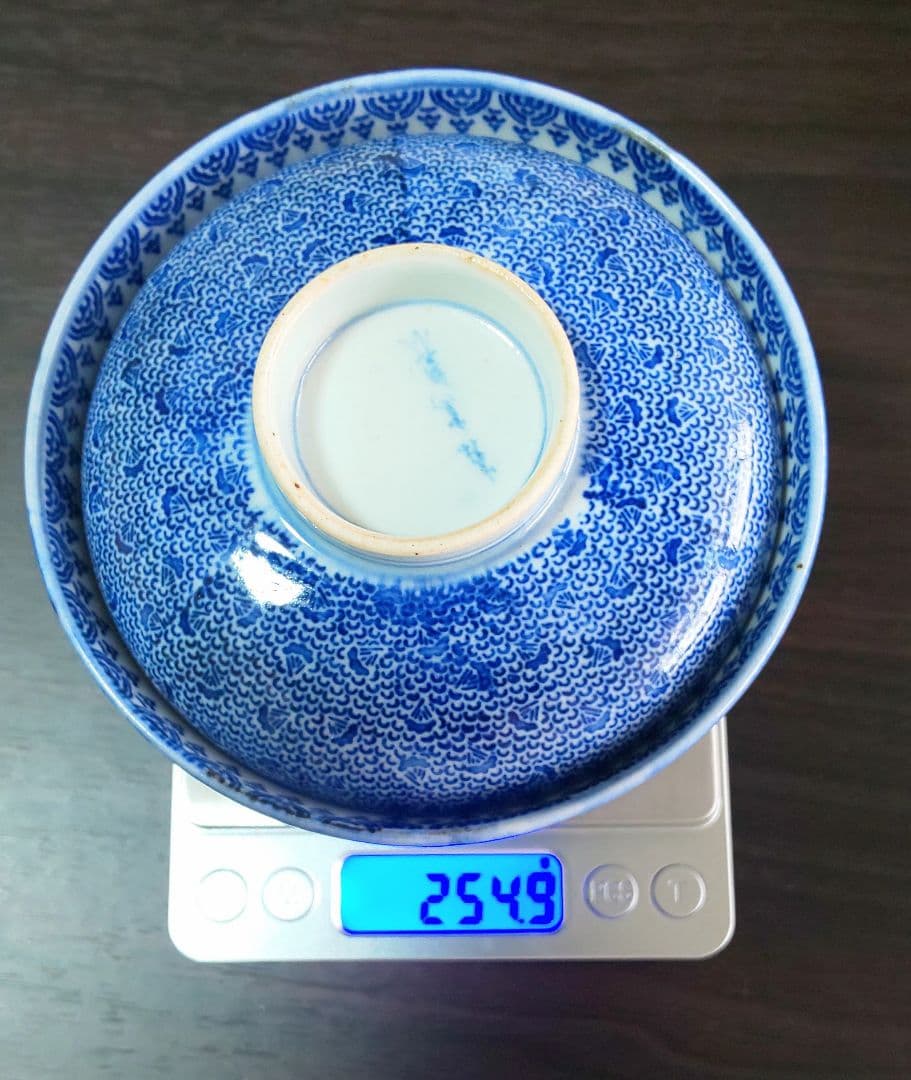 伊万里焼 明治時代 染付 微塵唐草 松竹梅 蓋付茶碗 ５客セット