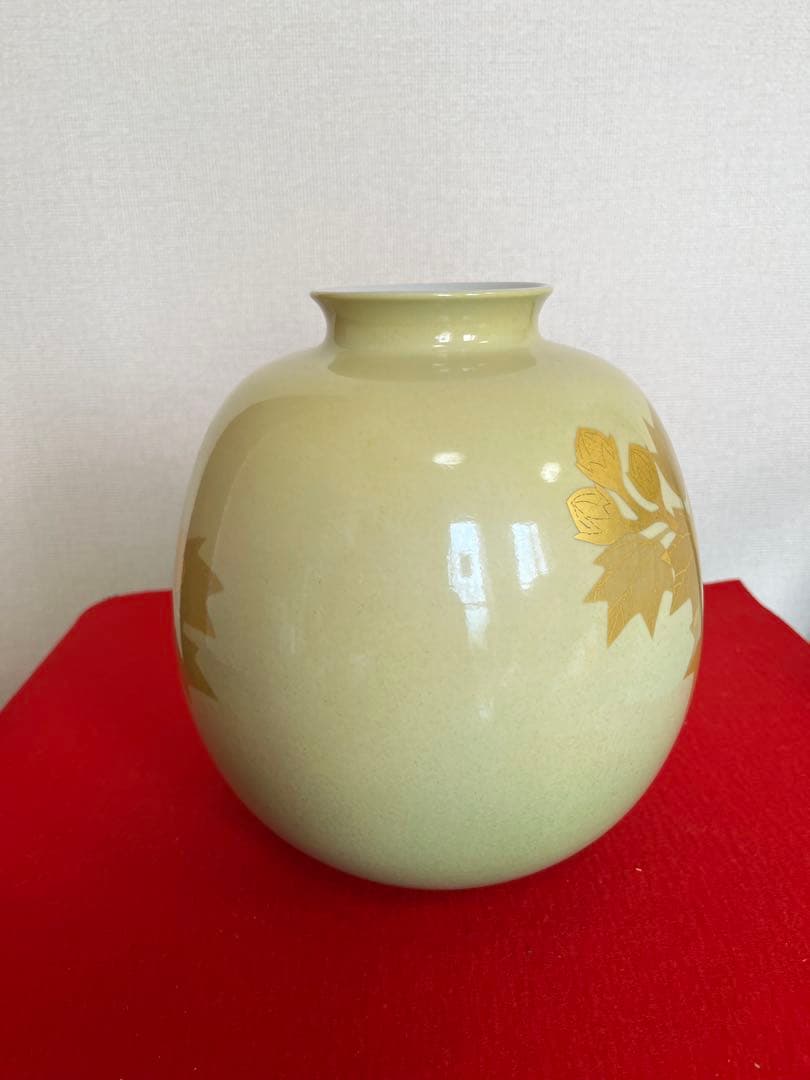 人間国宝 吉田美統『釉裏金彩 芙蓉文 花瓶』Y33 共箱 共布 陶歴 立札付