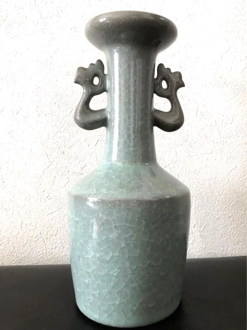 【未使用】軌窯　久田重義 作　青瓷鳳凰耳花生　希少　常滑焼　花入　花瓶