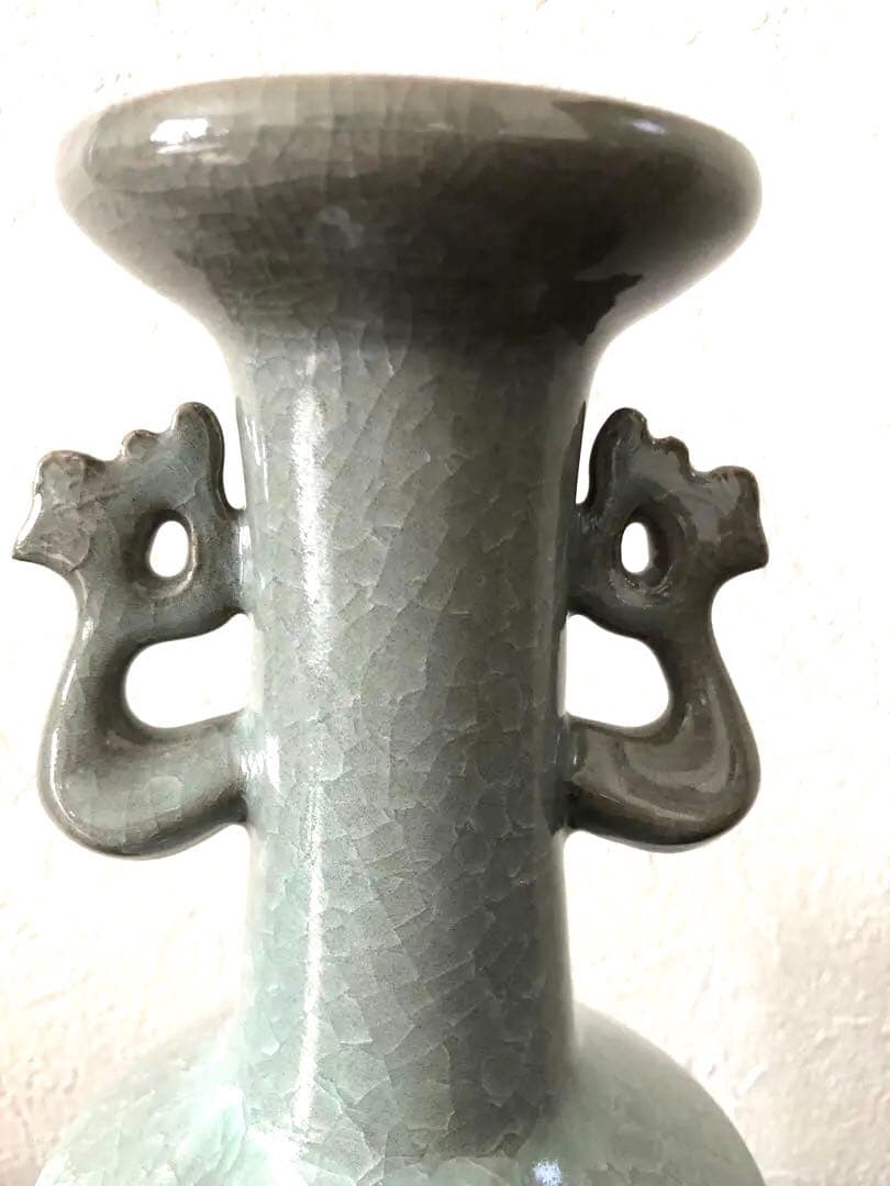 【未使用】軌窯　久田重義 作　青瓷鳳凰耳花生　希少　常滑焼　花入　花瓶