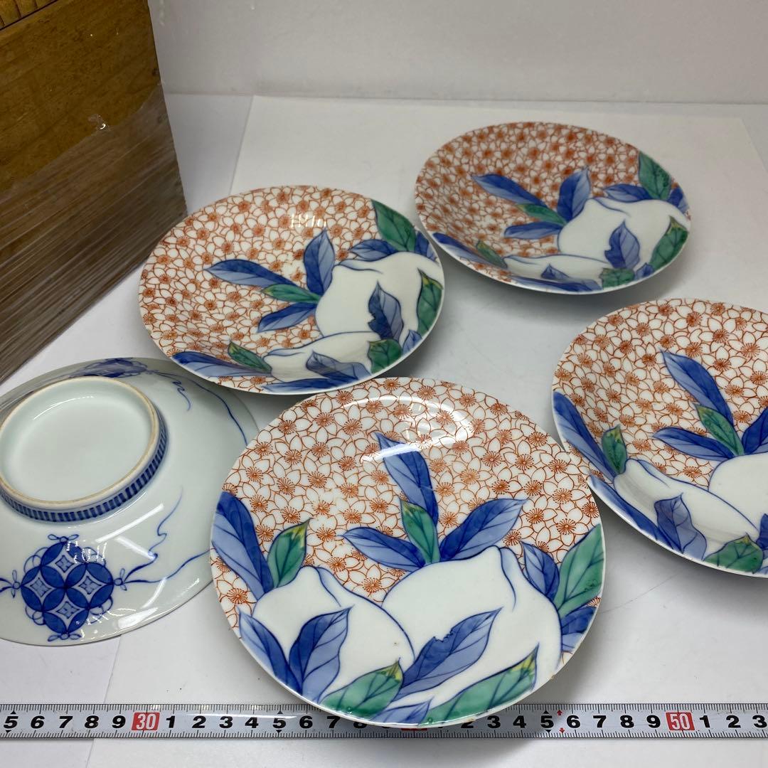 時代　色鍋島　中皿5枚　直径15.5㎝　木箱付　東さ7-0323①