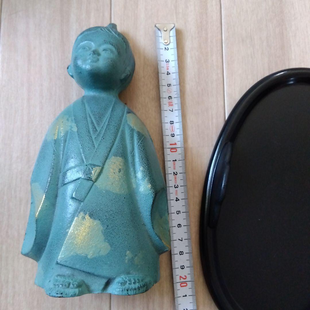 環水作　無我童子 銅像 青緑色 台座付き