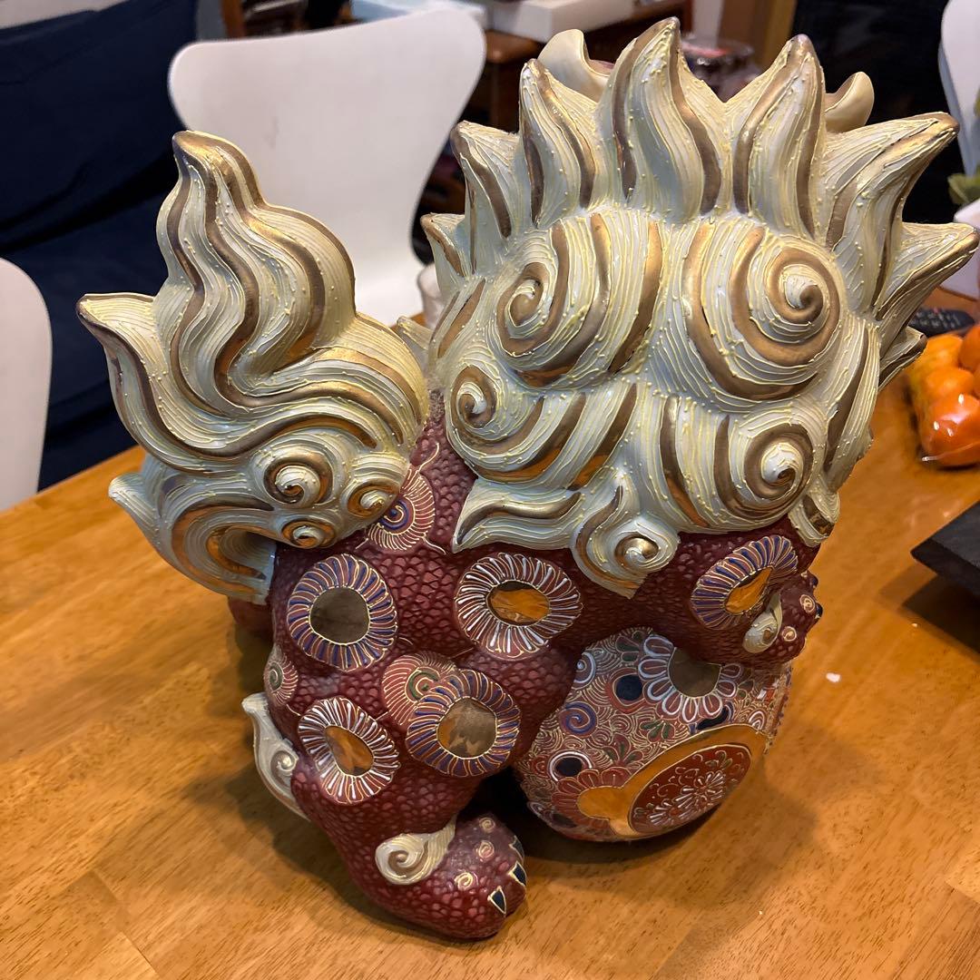 激レア　九谷焼 玉乗り獅子 狛犬 シーサー 置物 縁起物 金彩 陶器製