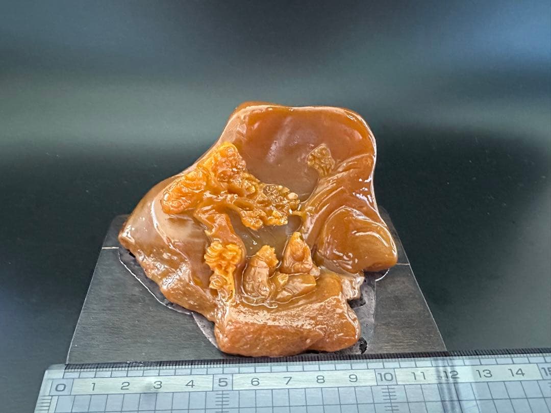 ラオス石　田黄　置物　山中尋友　縁起物　書斎　座台付き　箱付き