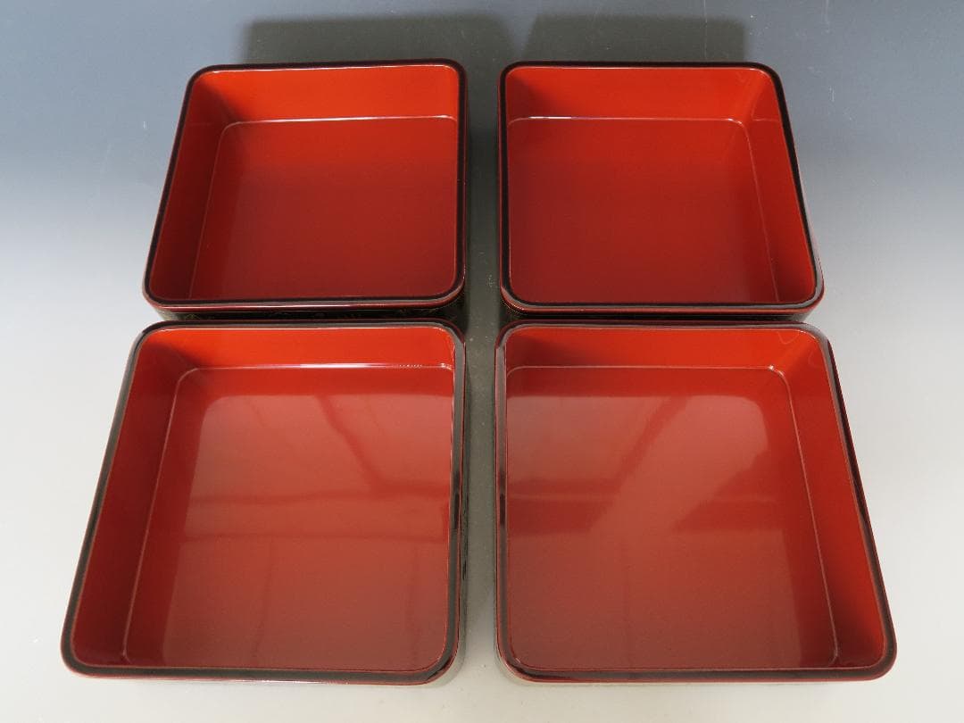 【輪島塗】溜塗 四季草花沈金 二段重 二セット ※底名あり 内朱塗 天然木 共箱