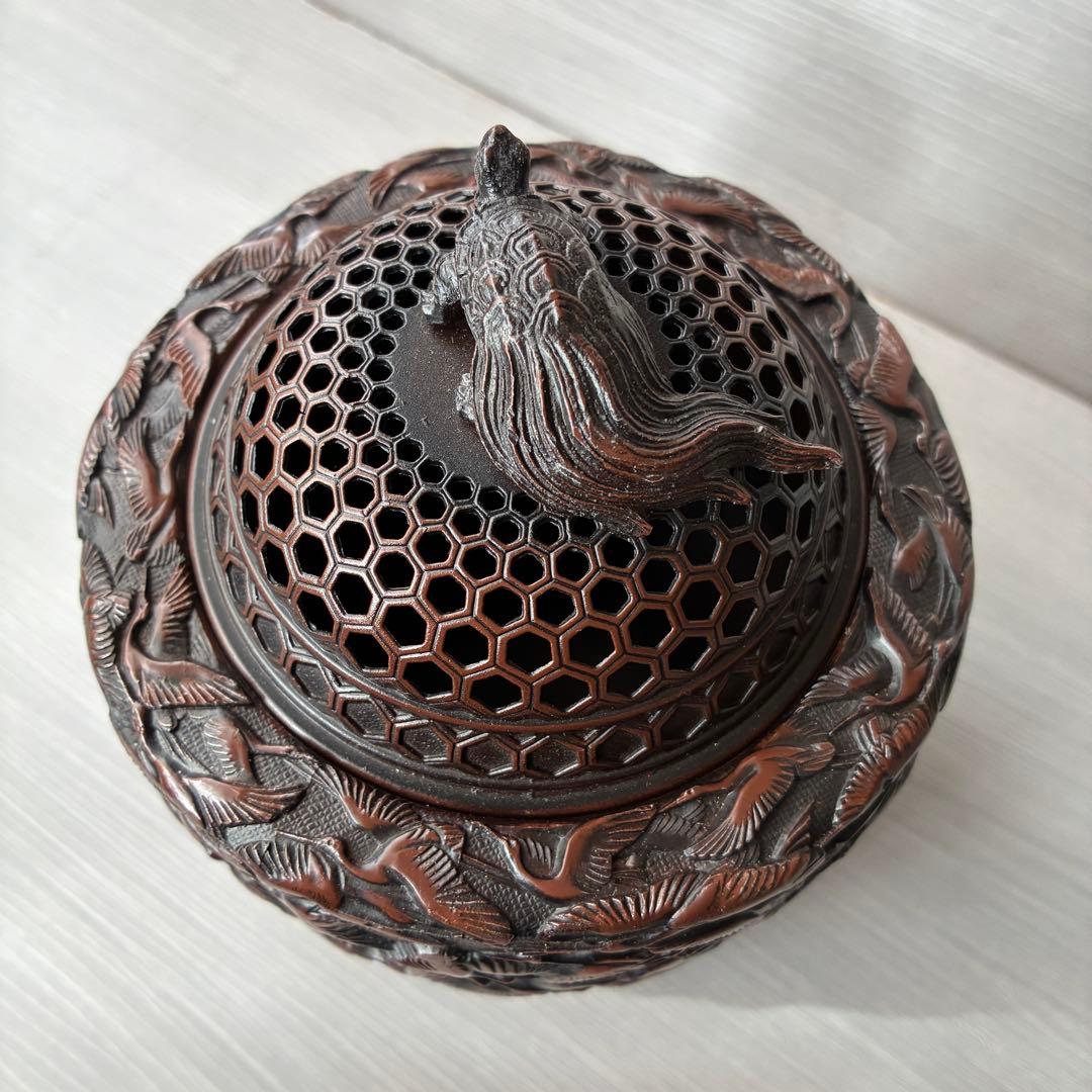 香炉　高岡銅器 彫金　佐野宏采　華鶴　亀　透かし蓋　茶道具　香道具