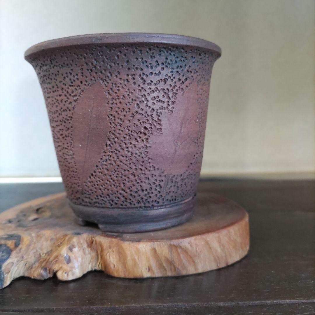 富舟、落款、盆栽鉢、植木鉢、古鉢、鋲打ち鉢、常滑焼、花台付