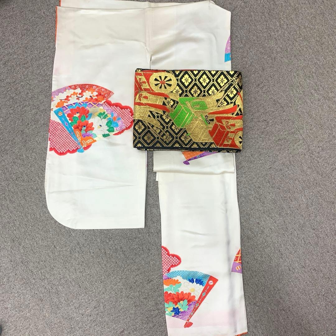 512ag34□七五三 七歳 女児 着物&袋帯 扇 鹿の子 白□状態良好