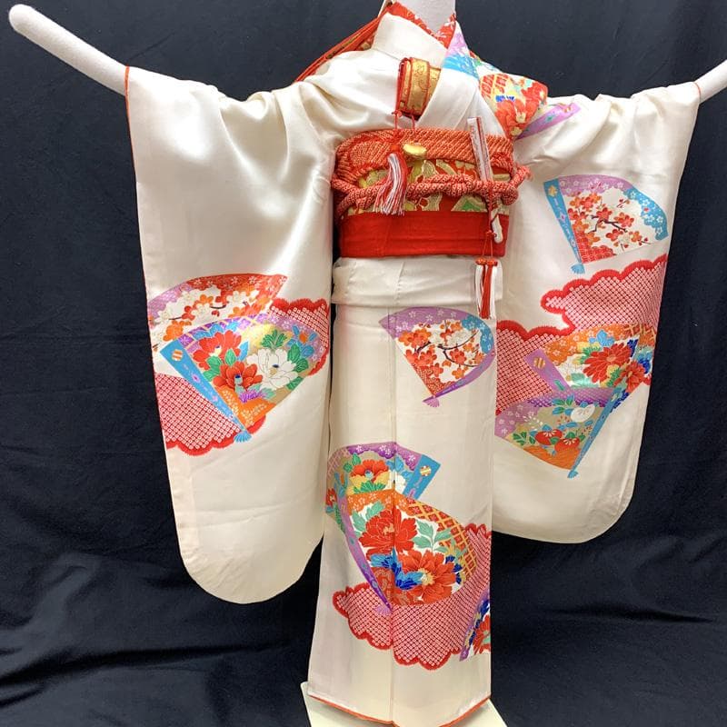 512ag34□七五三 七歳 女児 着物&袋帯 扇 鹿の子 白□状態良好