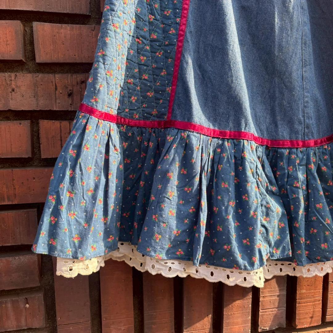 70s vintage gunne sax デニム×キルト スカート　Q267