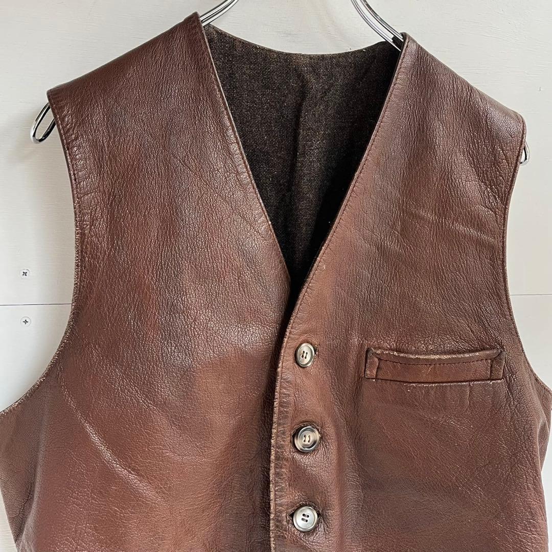 60s 70s ユーロ レザーベスト ヴィンテージレザー ヨーロッパ 古着 茶