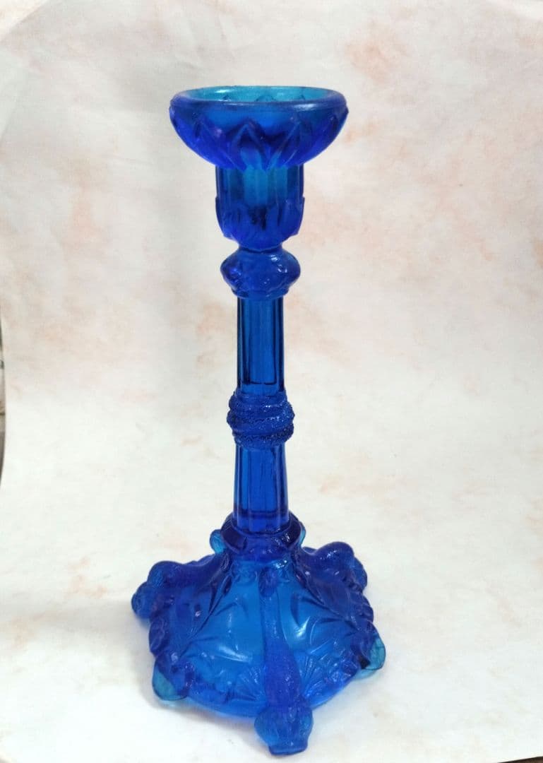 キャンドルスタンド　青いガラスのキャンドルホルダー　コバルトブルー　アンティーク