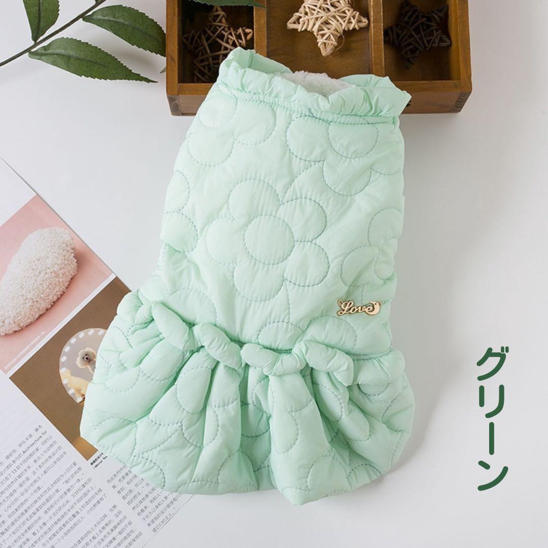 【新品】花模様キルティングふわふわコート　《ピンクM 》お腹ボタン　犬服　防寒