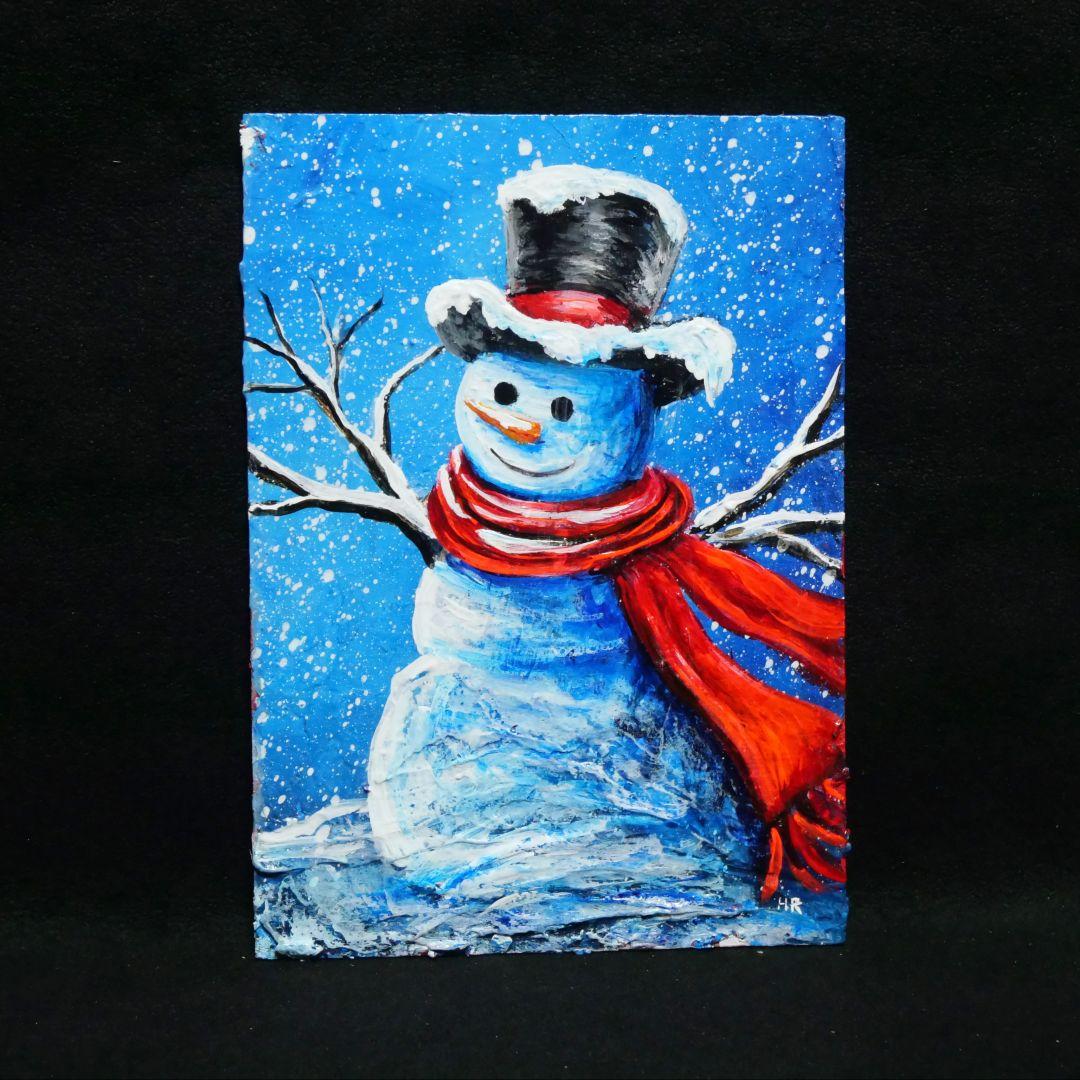 【赤いマフラーの雪だるま】絵画 油彩 油彩画 絵 油絵