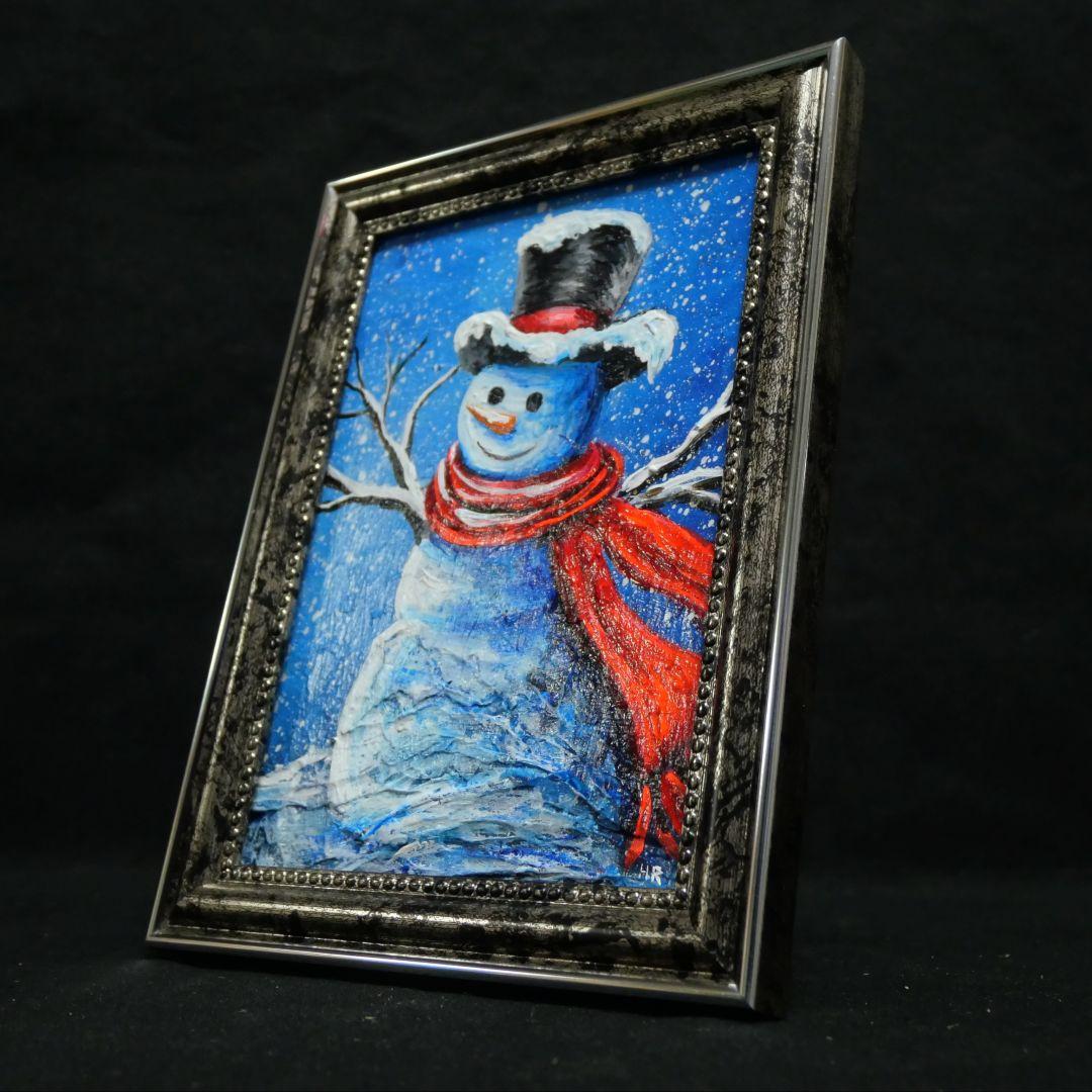 【赤いマフラーの雪だるま】絵画 油彩 油彩画 絵 油絵
