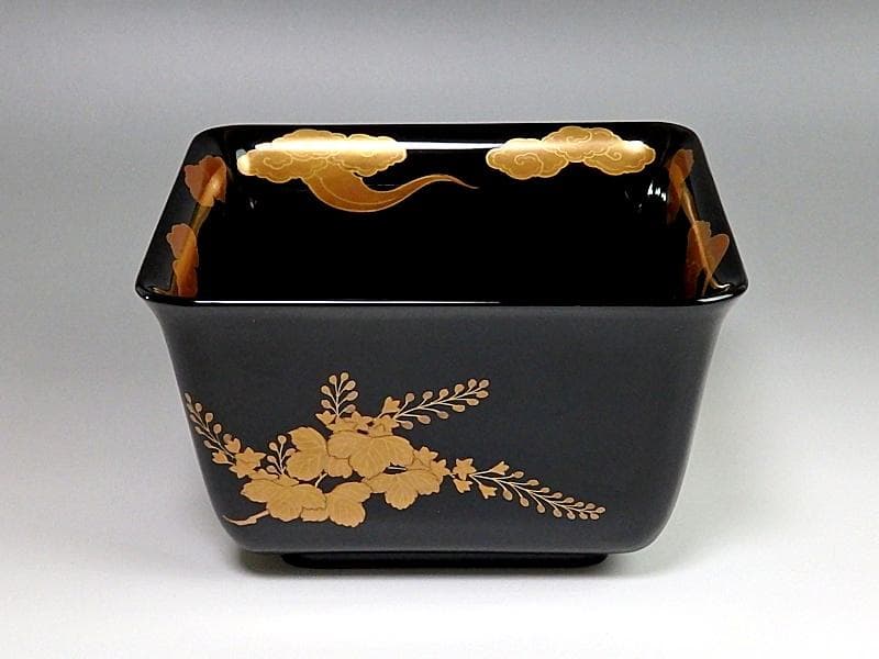黒地桐雲鳳凰蒔絵　菓子器　明治期　木製品　N155A-EEa