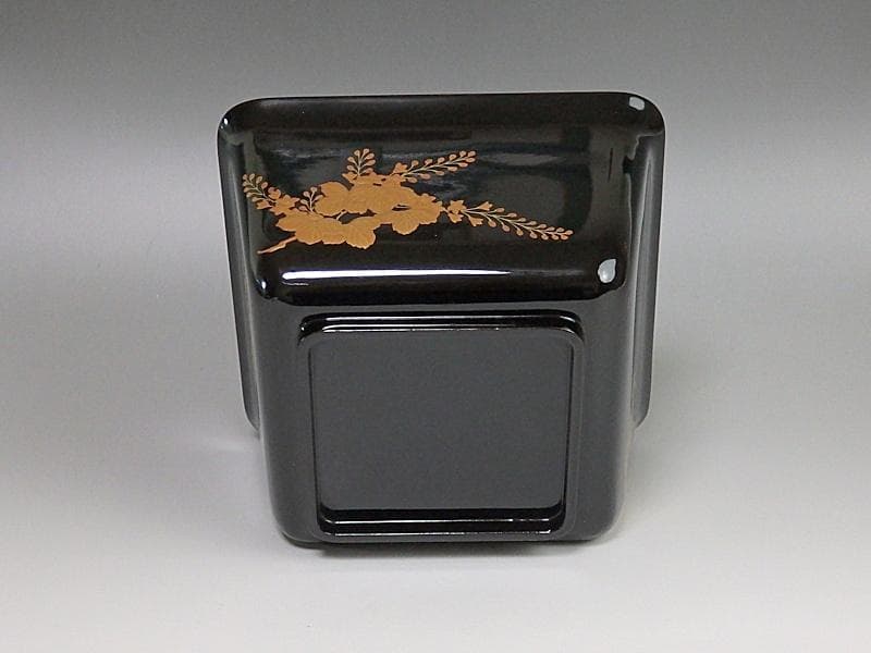 黒地桐雲鳳凰蒔絵　菓子器　明治期　木製品　N155A-EEa