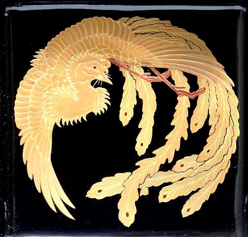 黒地桐雲鳳凰蒔絵　菓子器　明治期　木製品　N155A-EEa