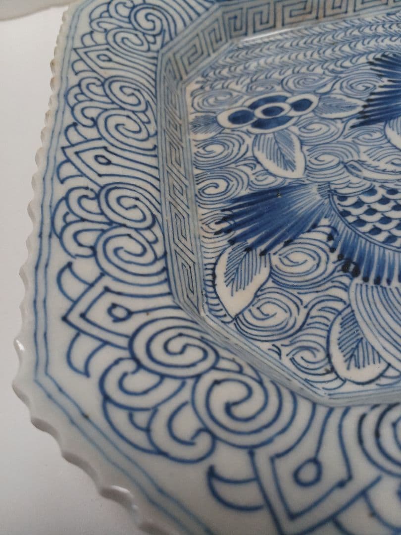 骨董伊万里　線描　染付　鳳凰文　角皿　隅切　1客