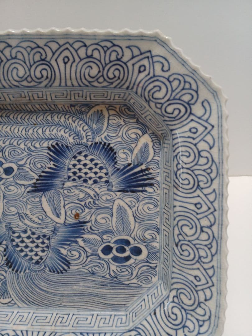 骨董伊万里　線描　染付　鳳凰文　角皿　隅切　1客