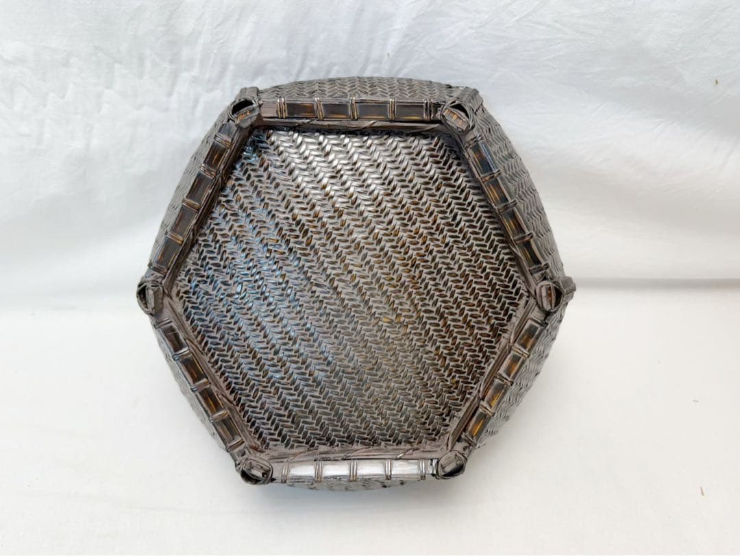 美品 茶道具 唐物写六角 炭斗 炭入 炉・風炉兼用 炭取 竹籠 竹編 紙箱