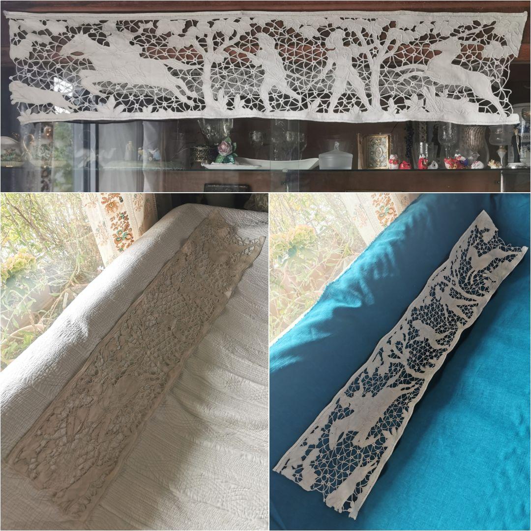 アンティーク フランス 狩猟の光景 鹿・騎馬者・犬 カットワーク リネンクロス