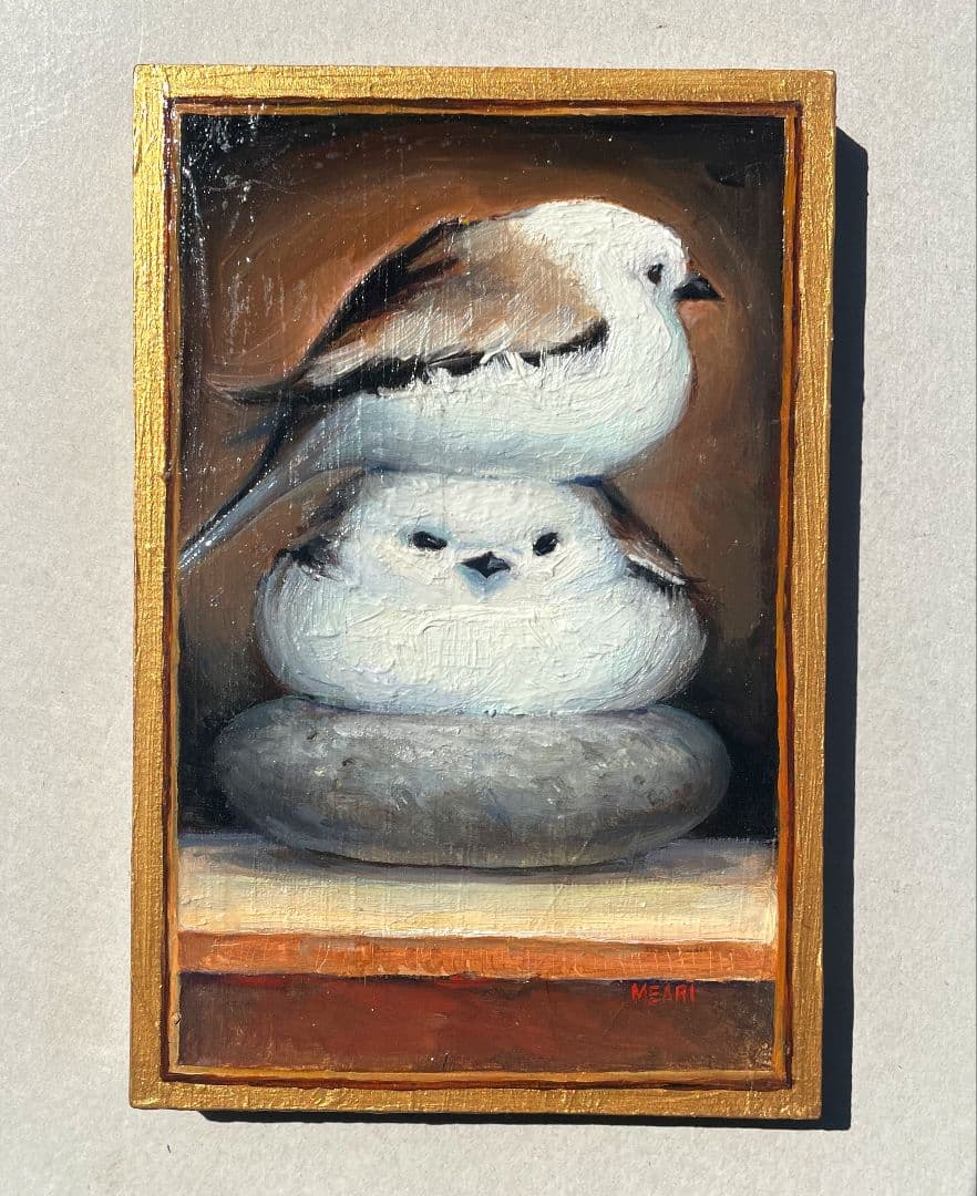 「一石二鳥」　シマエナガ　ミニ絵画　原画　油彩画　油絵