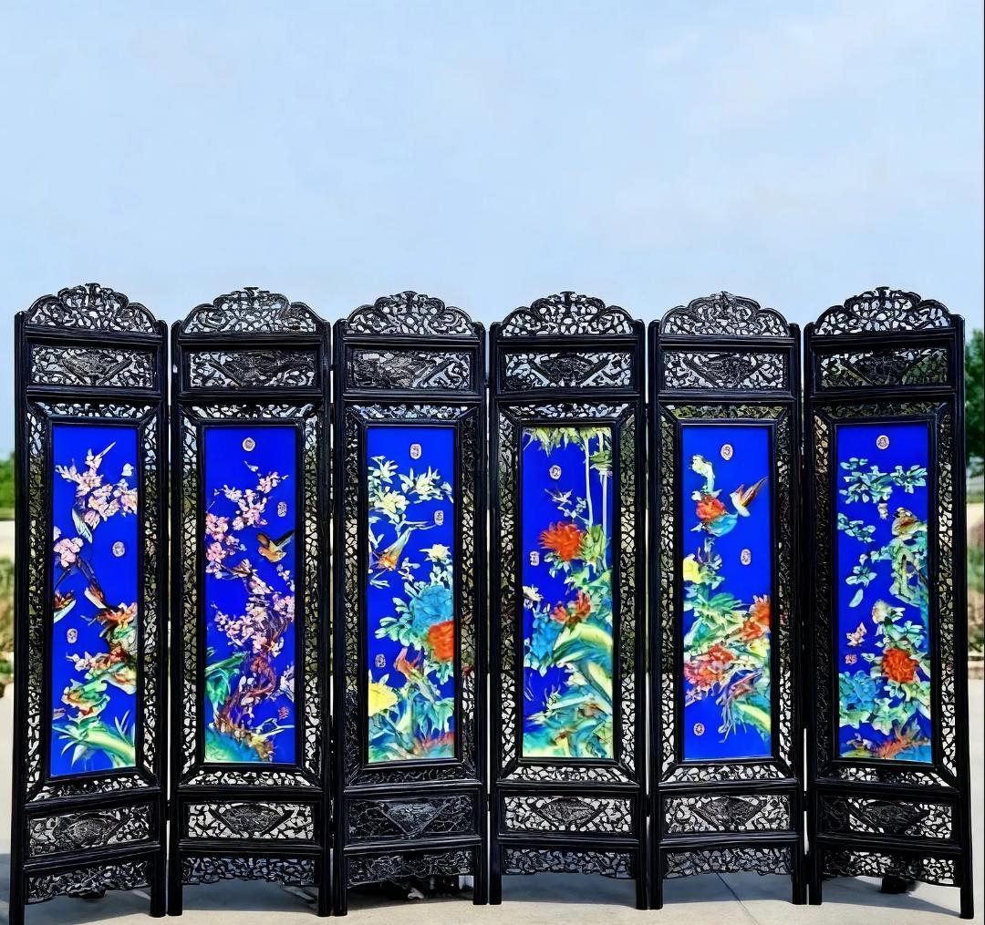 ローズウッド磁器板絵屏風6連